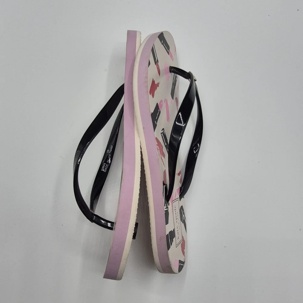 kate spade Black Strap Flip Flops with Pink & Red Lipstick Motif